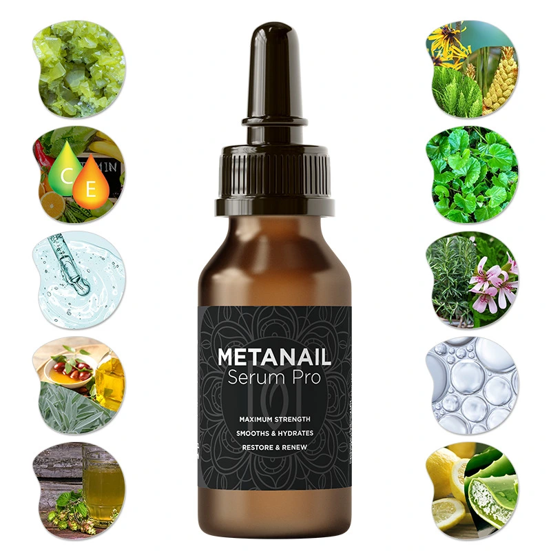 Metanail Serum Pro bottle surrounded by all 20 natural ingredients including horsetail, aloe vera, and green tea